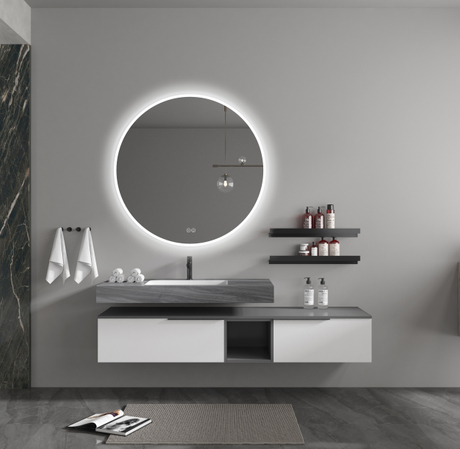 Plywood Cabinet with matte lacquered finish, Led backlit round mirror “Moon‘’ 