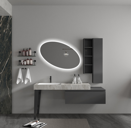 Bases with matte grey lacquered finish, and sintered top with integrated ceramic basin. 